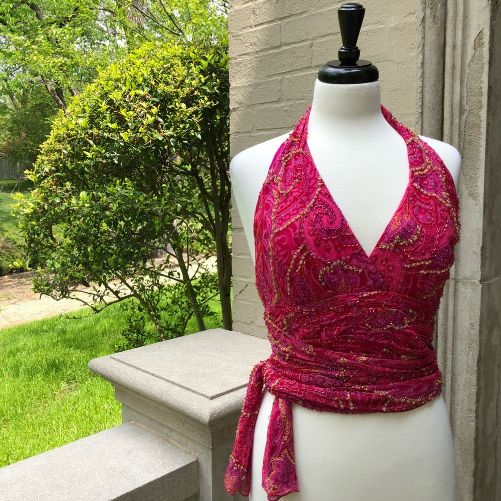 ⭐️🆕[Carmen Marc Valvo] 💯%Silk Beaded berry Top